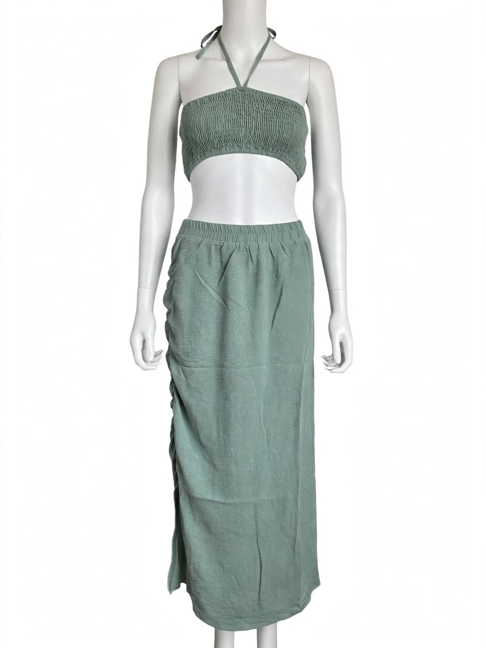Smocked Halter Crop Top and Midi Skirt Set - Sage Green